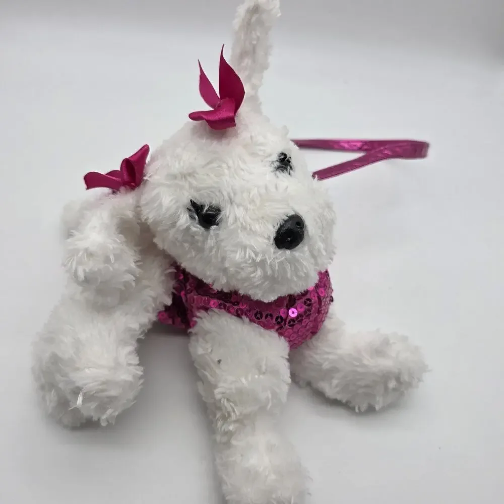 Poochie & Co White Poodle Plush Purse Hot Pink Sequin Girls Shoulder Bag
